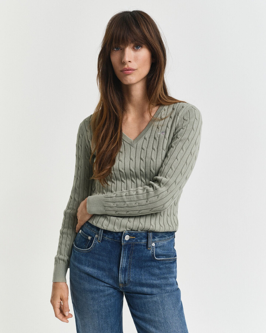 maglione con scollo a v in maglia di cotone elasticizzato - salvia sbiadita