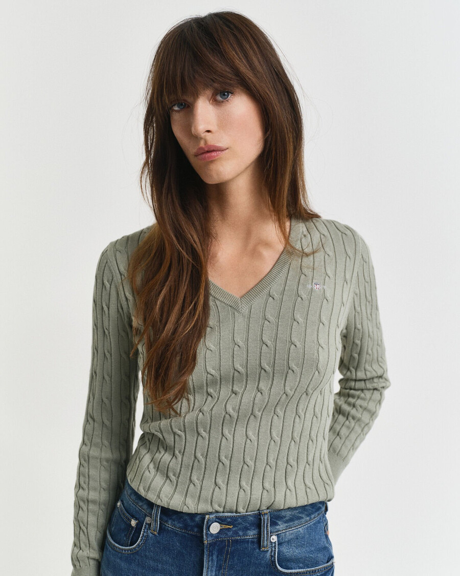 maglione con scollo a v in maglia di cotone elasticizzato - salvia sbiadita