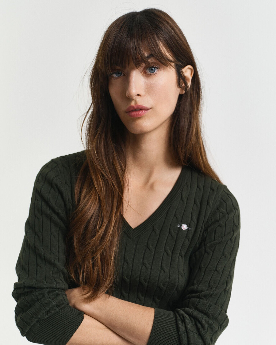 maglione con scollo a v in maglia di cotone elasticizzato - verde muschio scuro