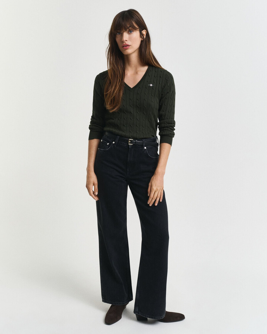 maglione con scollo a v in maglia di cotone elasticizzato - verde muschio scuro