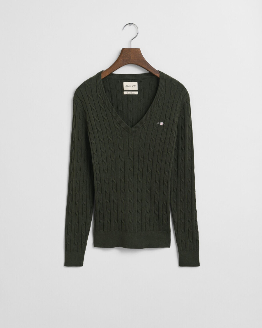 maglione con scollo a v in maglia di cotone elasticizzato - verde muschio scuro