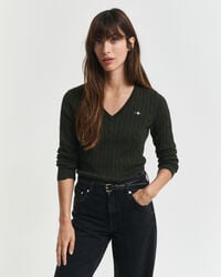 maglione con scollo a v in maglia di cotone elasticizzato - verde muschio scuro