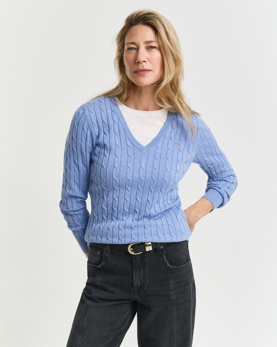 maglione con scollo a v in maglia di cotone elasticizzato - cielo sereno