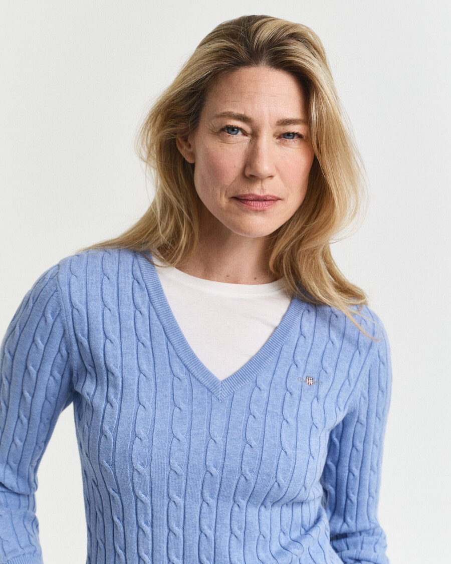 maglione con scollo a v in maglia di cotone elasticizzato - cielo sereno