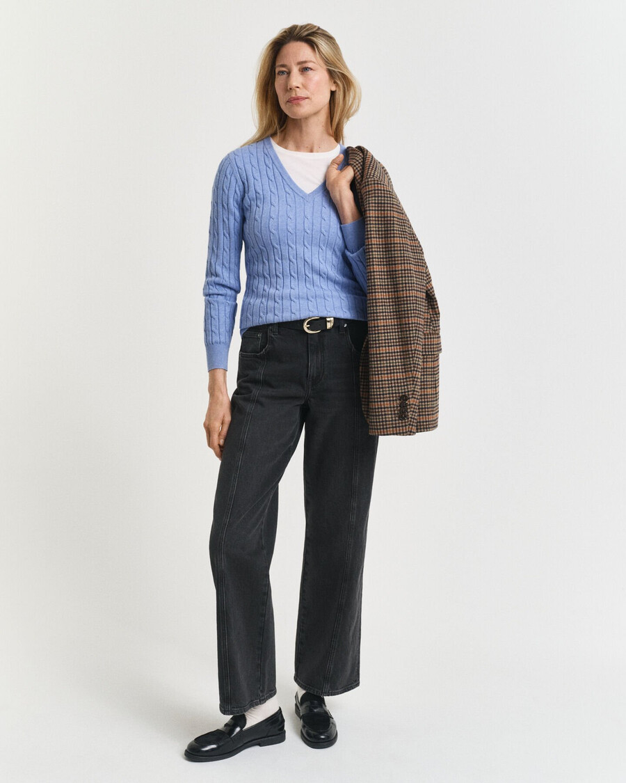maglione con scollo a v in maglia di cotone elasticizzato - cielo sereno