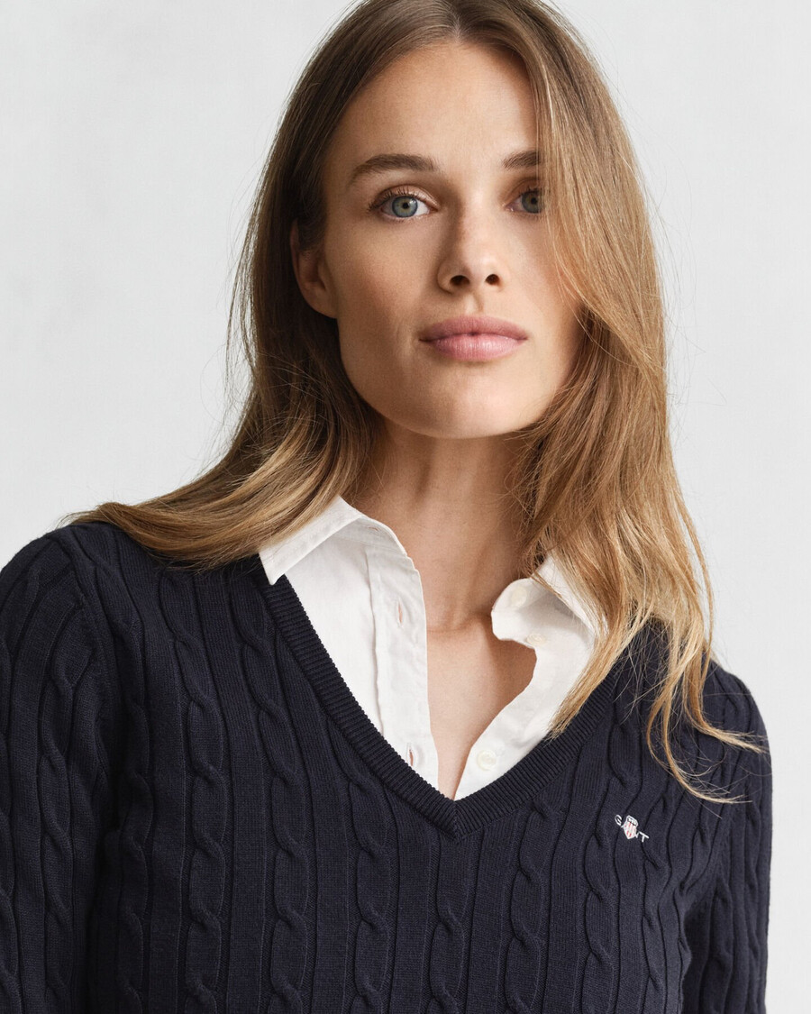 maglione con scollo a v in maglia di cotone elasticizzato - blu sera