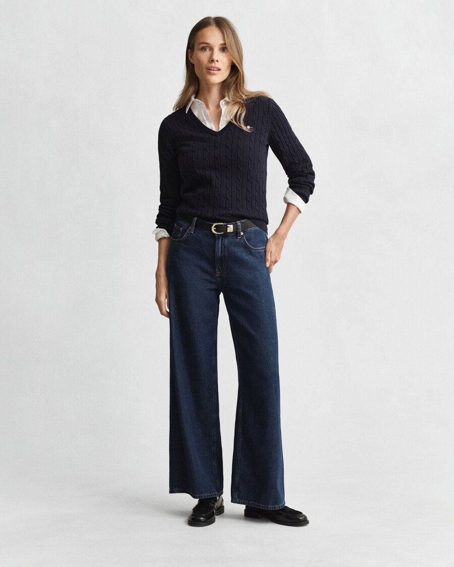 maglione con scollo a v in maglia di cotone elasticizzato - blu sera