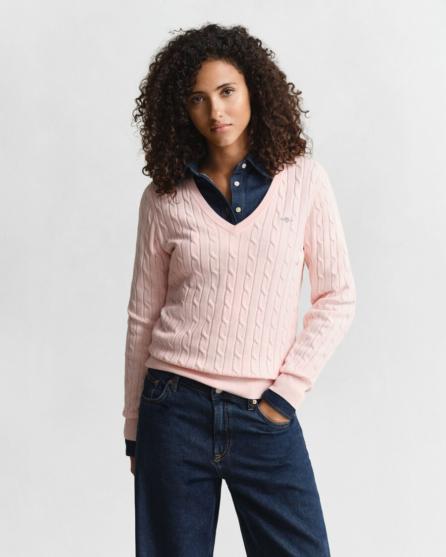 maglione con scollo a v in maglia di cotone elasticizzato - rosa albicocca