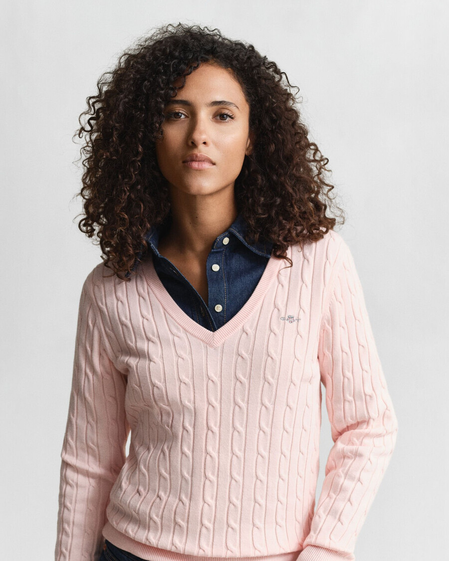 maglione con scollo a v in maglia di cotone elasticizzato - rosa albicocca
