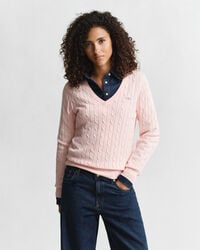 maglione con scollo a v in maglia di cotone elasticizzato - rosa albicocca
