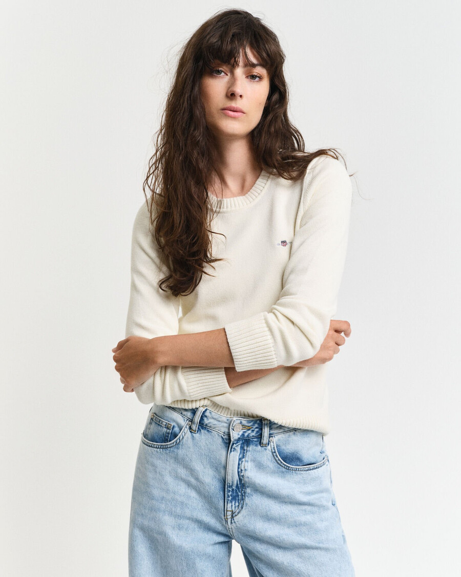 maglione classico in cotone con scollo rotondo - crema