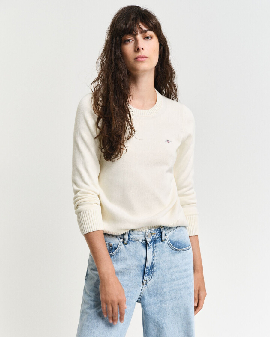 maglione classico in cotone con scollo rotondo - crema
