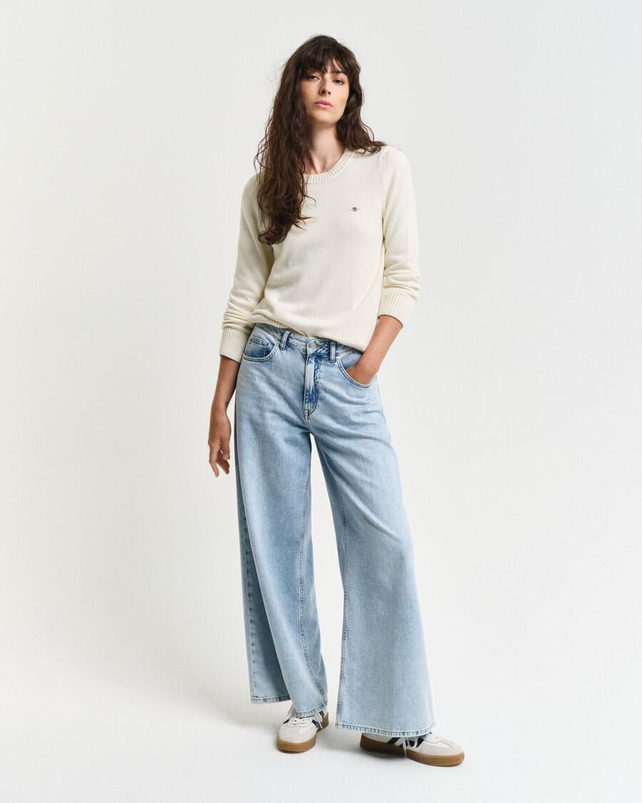 maglione classico in cotone con scollo rotondo - crema
