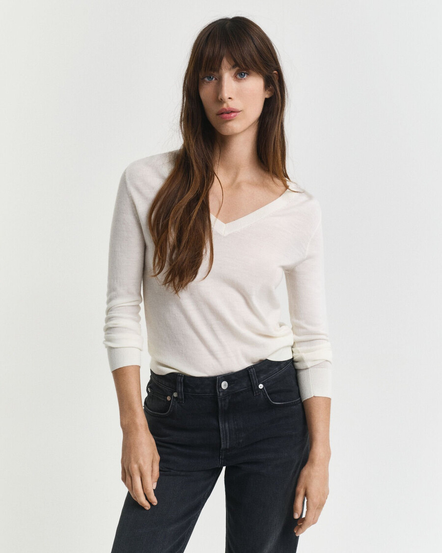 maglione con scollo a v in lana merino extra fine - crema