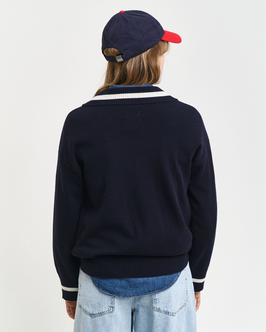 maglione con scollo a v a contrasto in lana dagnello superfine - blu sera
