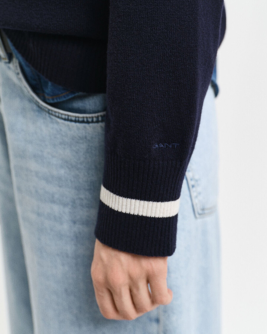 maglione con scollo a v a contrasto in lana dagnello superfine - blu sera