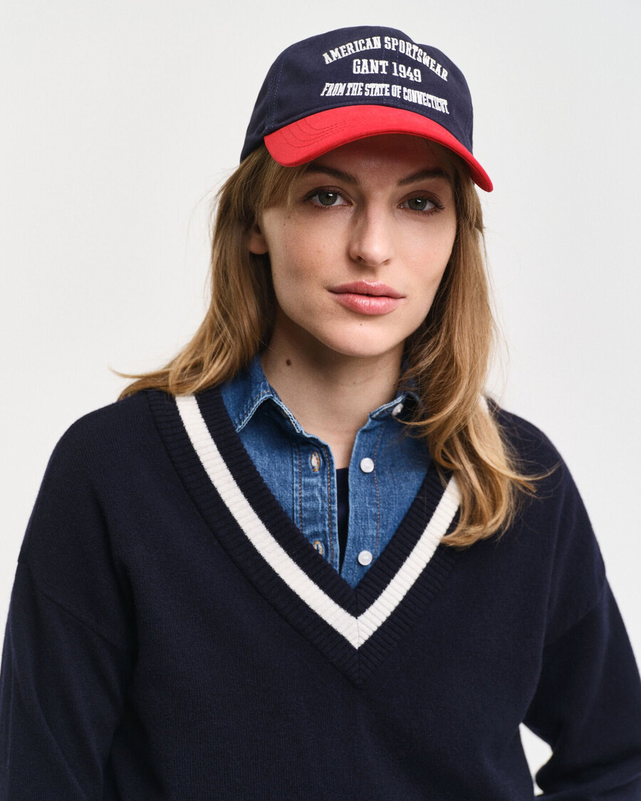 maglione con scollo a v a contrasto in lana dagnello superfine - blu sera