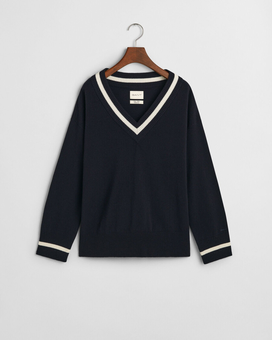 maglione con scollo a v a contrasto in lana dagnello superfine - blu sera