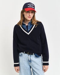 maglione con scollo a v a contrasto in lana dagnello superfine - blu sera