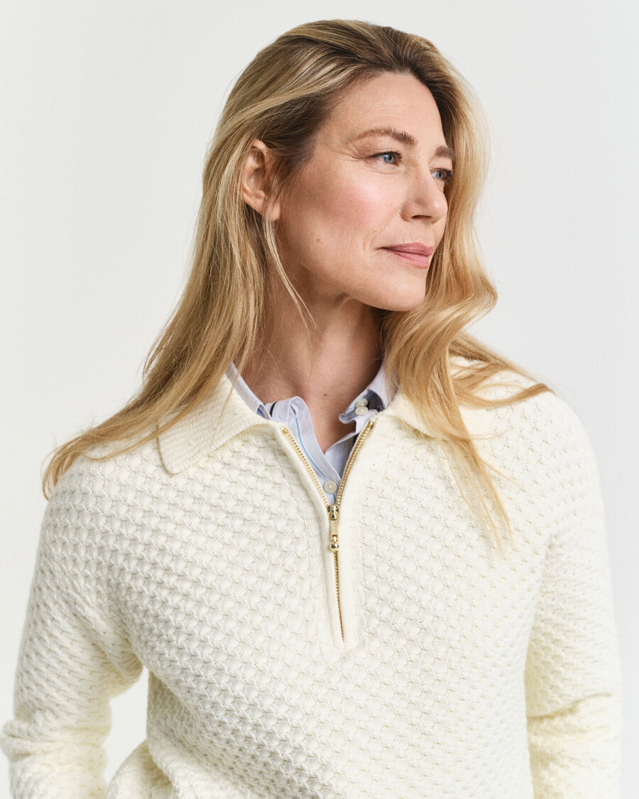 maglione in cotone testurizzato con mezza zip - crema