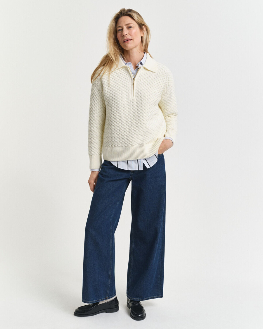 maglione in cotone testurizzato con mezza zip - crema