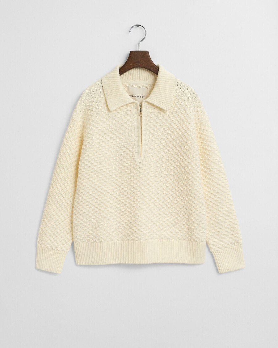 maglione in cotone testurizzato con mezza zip - crema
