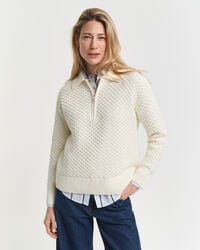 maglione in cotone testurizzato con mezza zip - crema