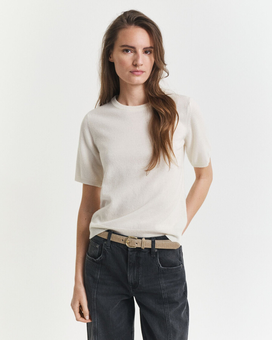 maglione girocollo a maniche corte in lana dagnello superfine - crema