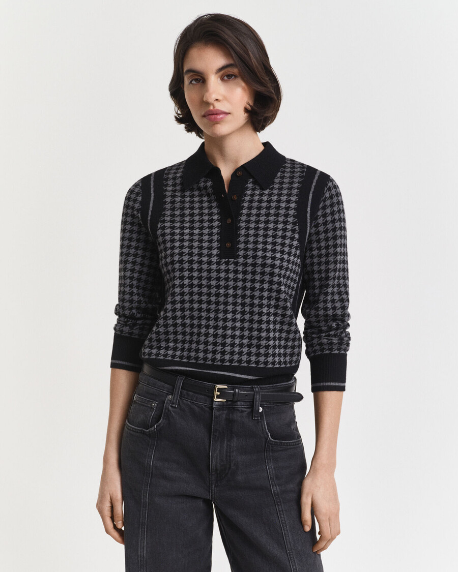 maglione polo in jacquard pied de poule - nero