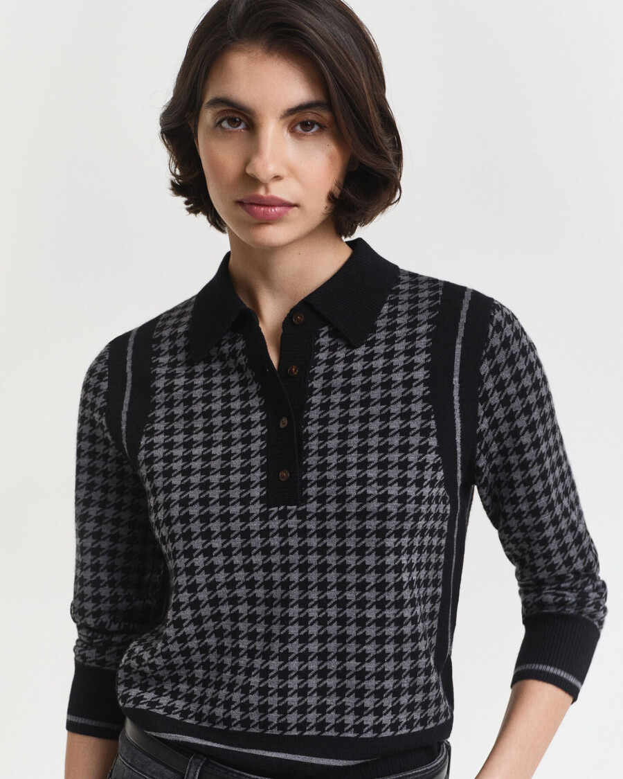 maglione polo in jacquard pied de poule - nero