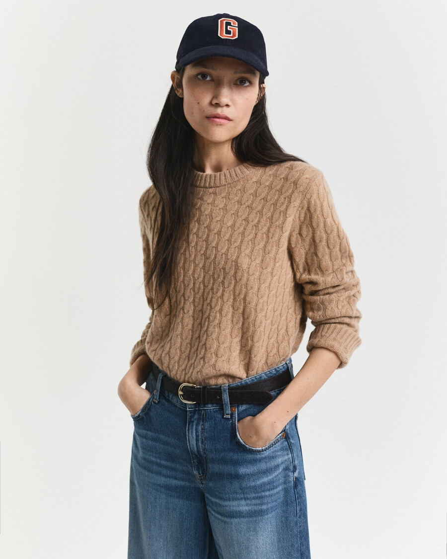 maglione girocollo in cashmere lavorato a maglia a trecce - cachi caldo