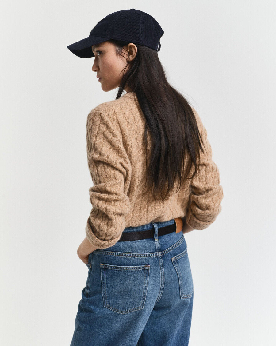 maglione girocollo in cashmere lavorato a maglia a trecce - cachi caldo