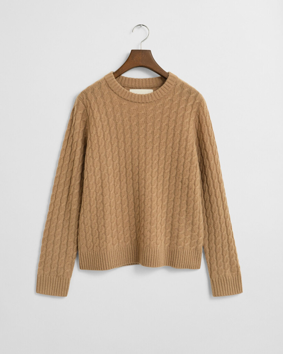 maglione girocollo in cashmere lavorato a maglia a trecce - cachi caldo
