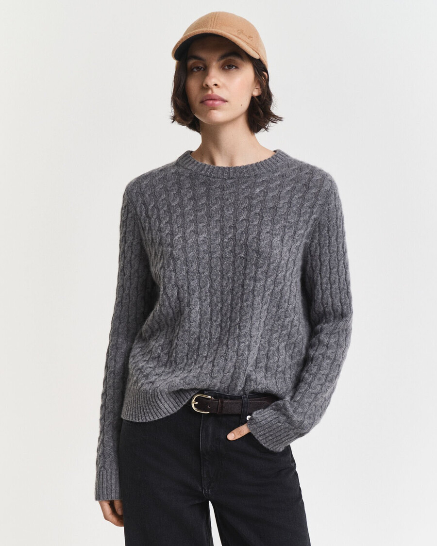maglione girocollo in cashmere lavorato a maglia a trecce - melange antracite