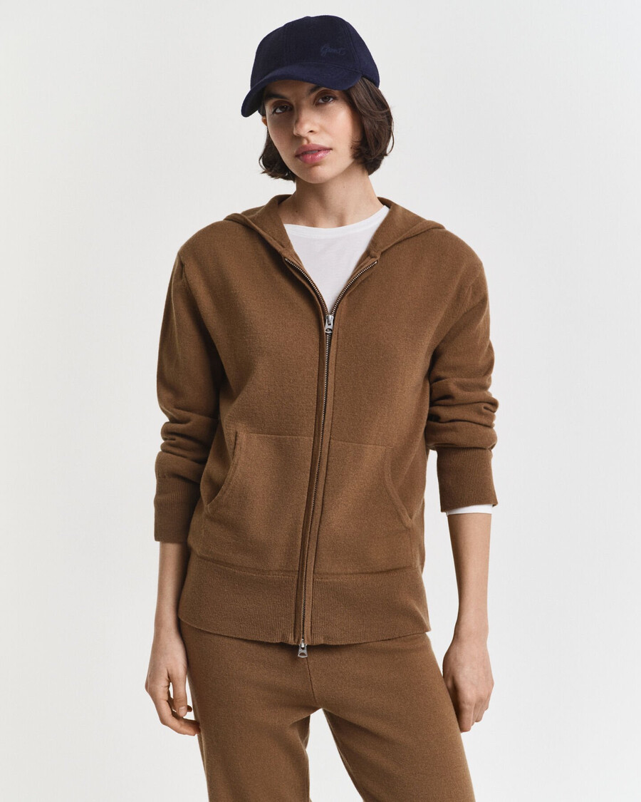 felpa con cappuccio e zip in lana dagnello superfine - cachi caldo