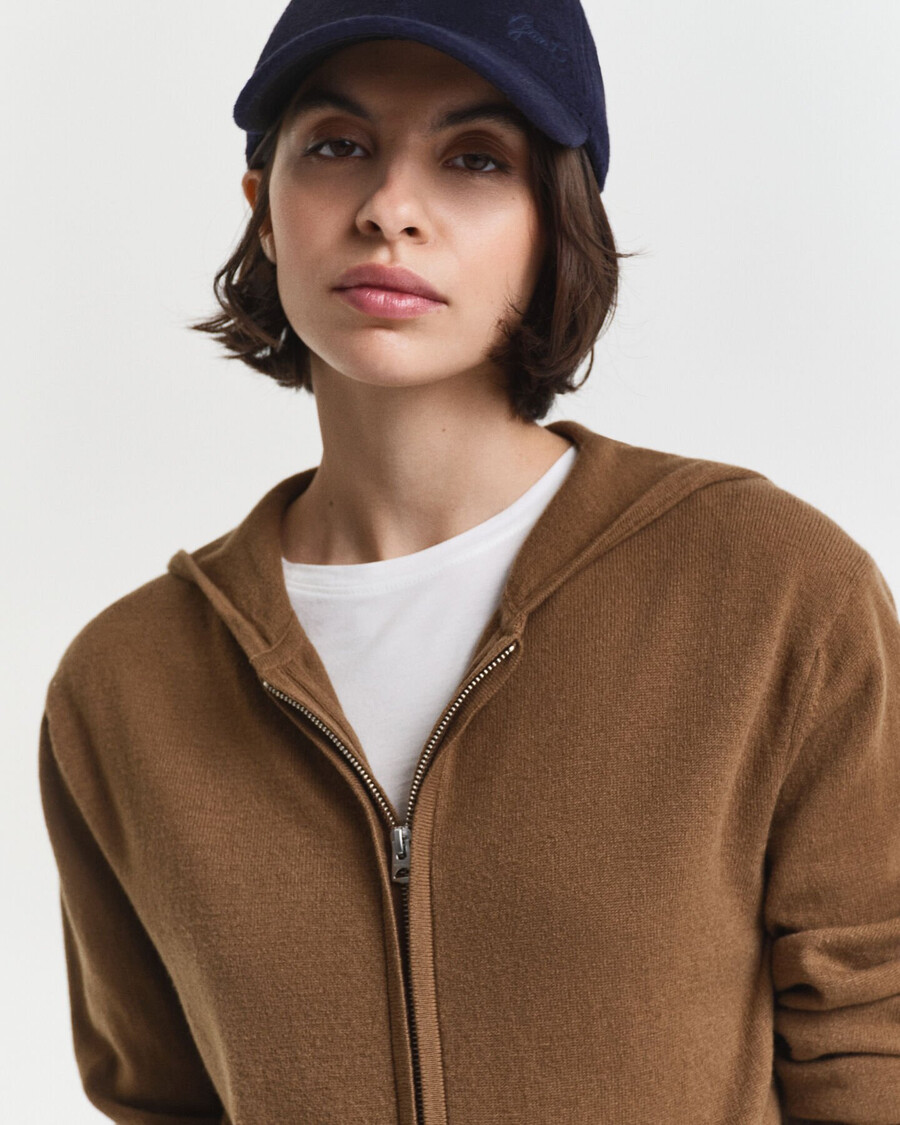 felpa con cappuccio e zip in lana dagnello superfine - cachi caldo