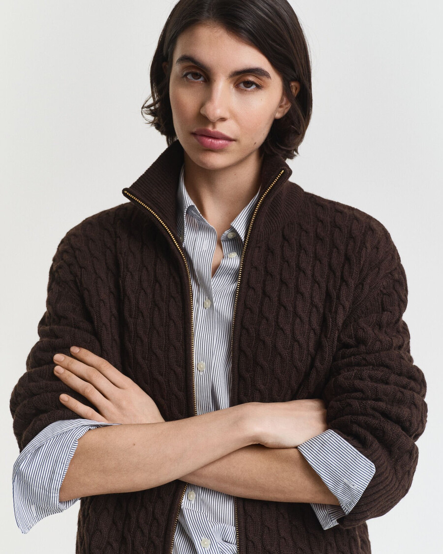 cardigan con cerniera in maglia a trecce - marrone scuro