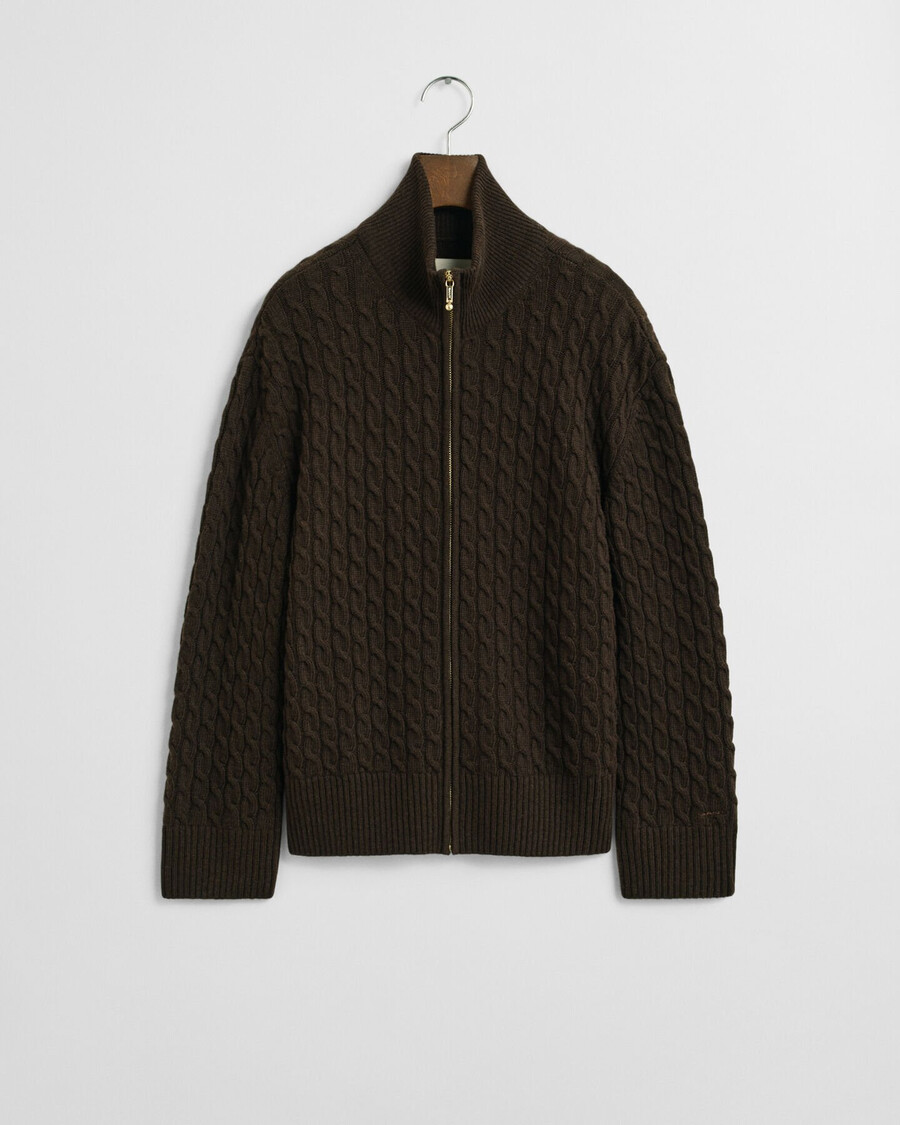 cardigan con cerniera in maglia a trecce - marrone scuro