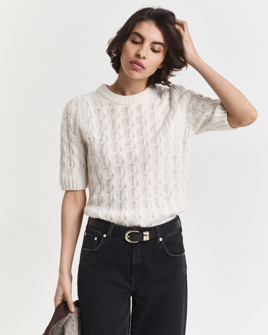 maglia a maniche corte in maglia a trecce con maniche a sbuffo - crema