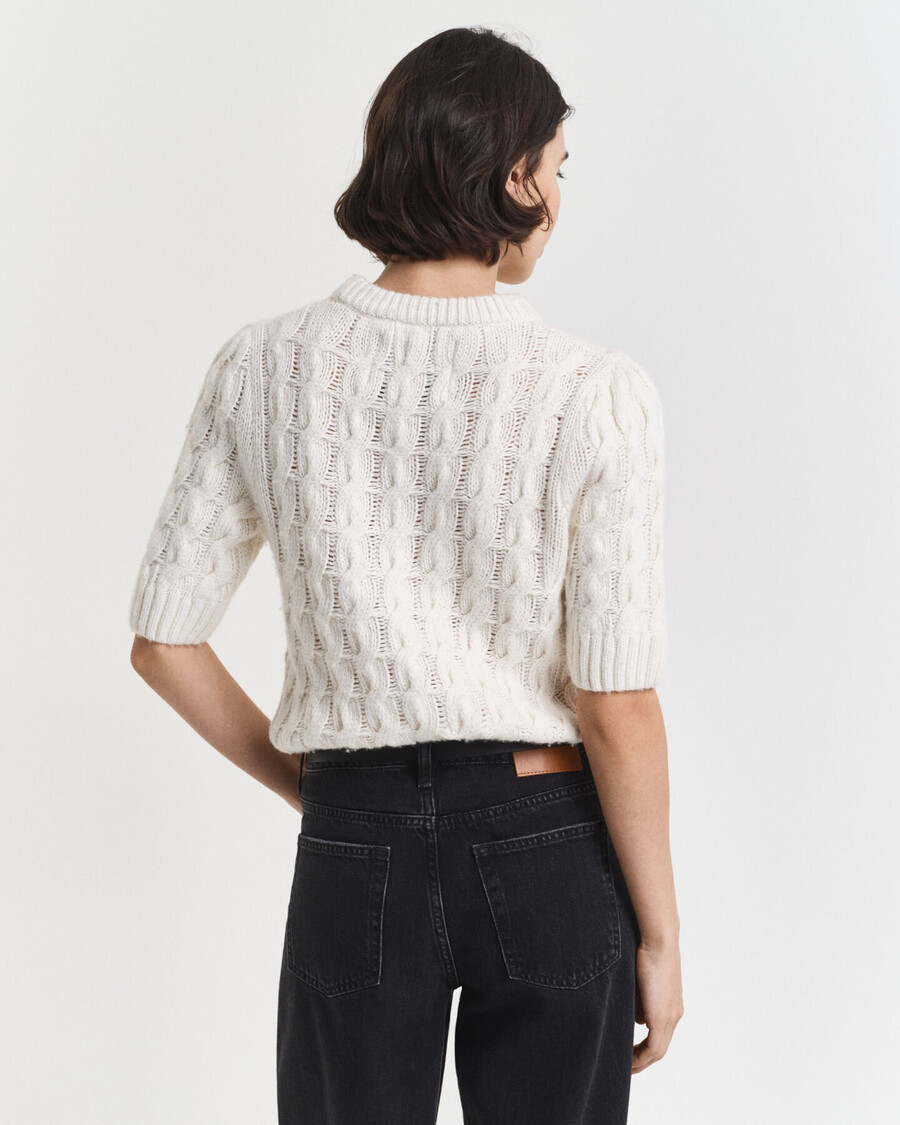 maglia a maniche corte in maglia a trecce con maniche a sbuffo - crema