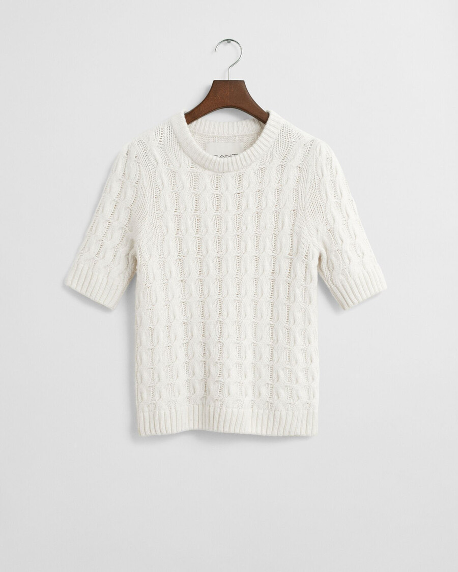 maglia a maniche corte in maglia a trecce con maniche a sbuffo - crema