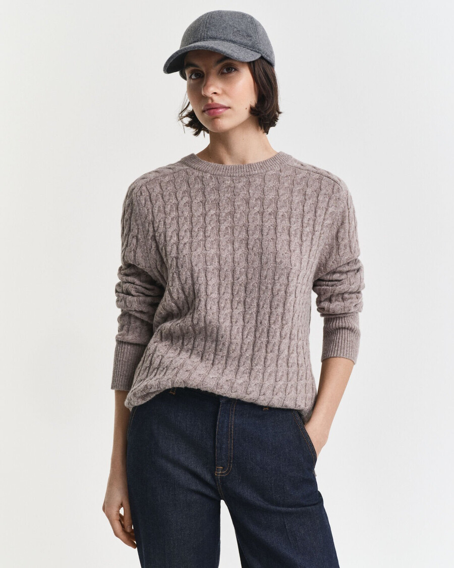 maglione girocollo in maglia di lana a trecce - beige talpa