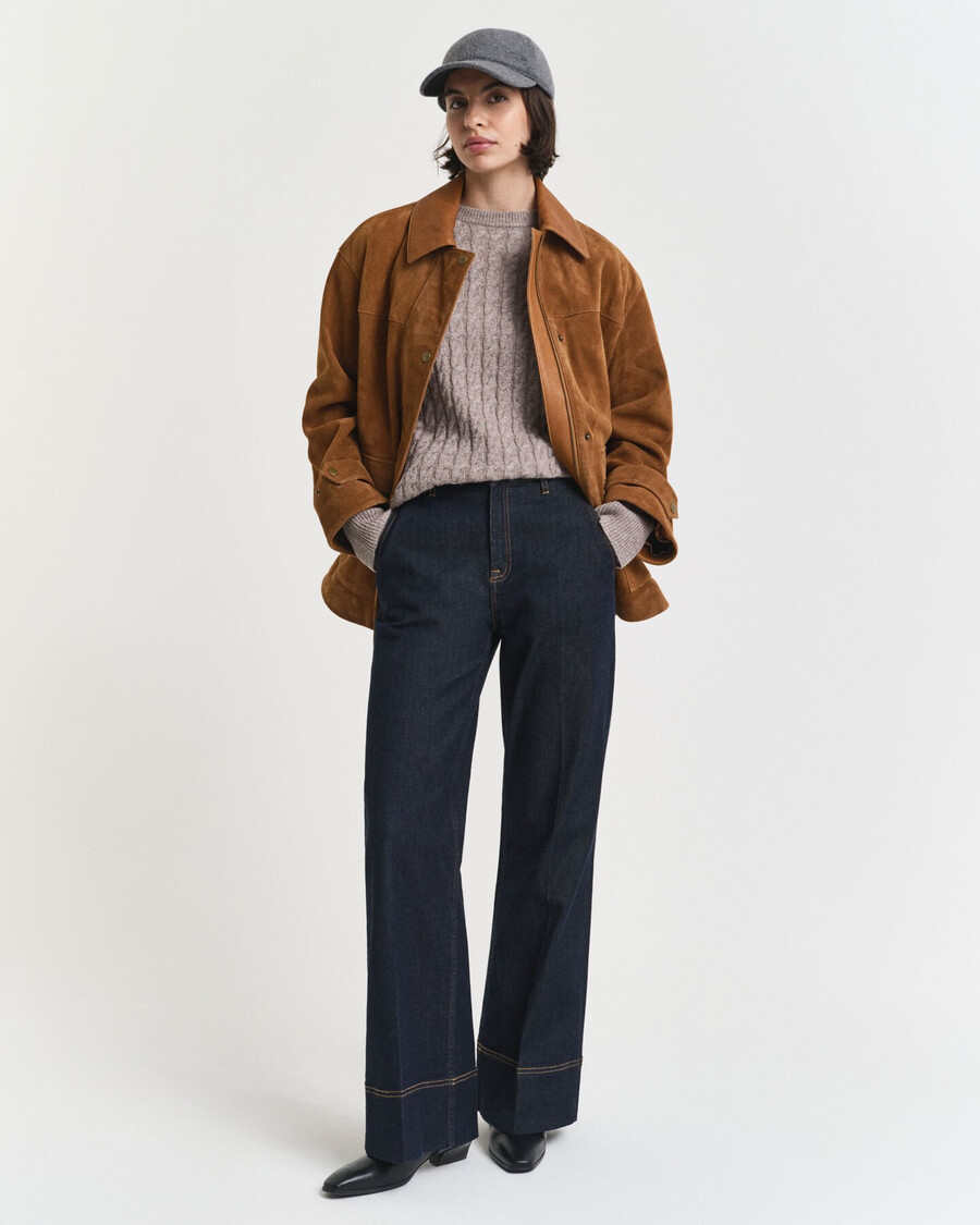 maglione girocollo in maglia di lana a trecce - beige talpa