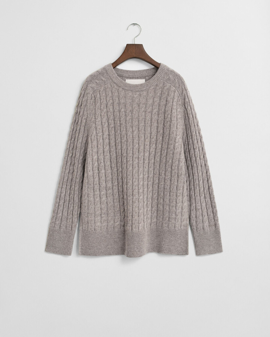 maglione girocollo in maglia di lana a trecce - beige talpa
