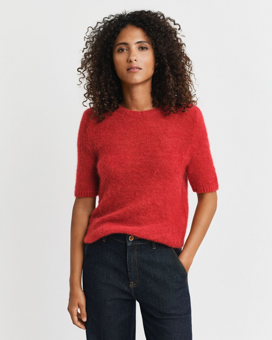 maglione girocollo a maniche corte in misto mohair - rosso rubino