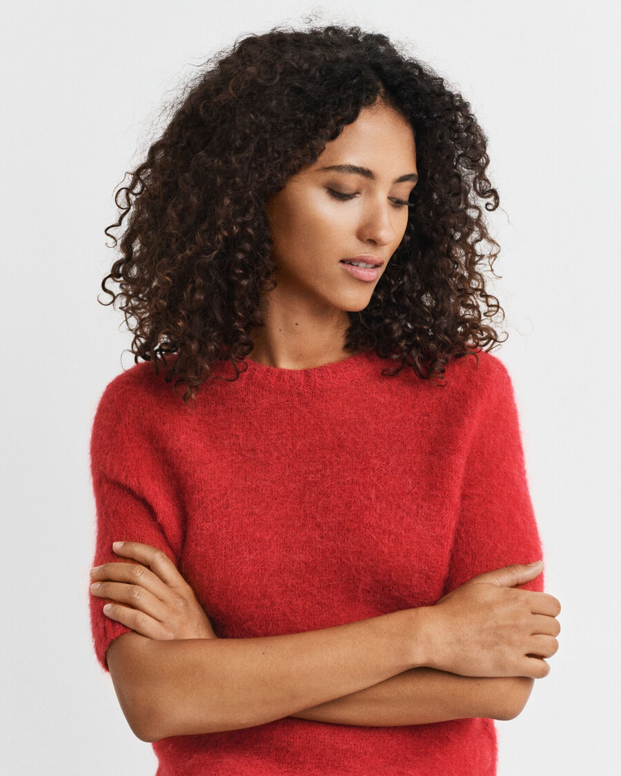 maglione girocollo a maniche corte in misto mohair - rosso rubino