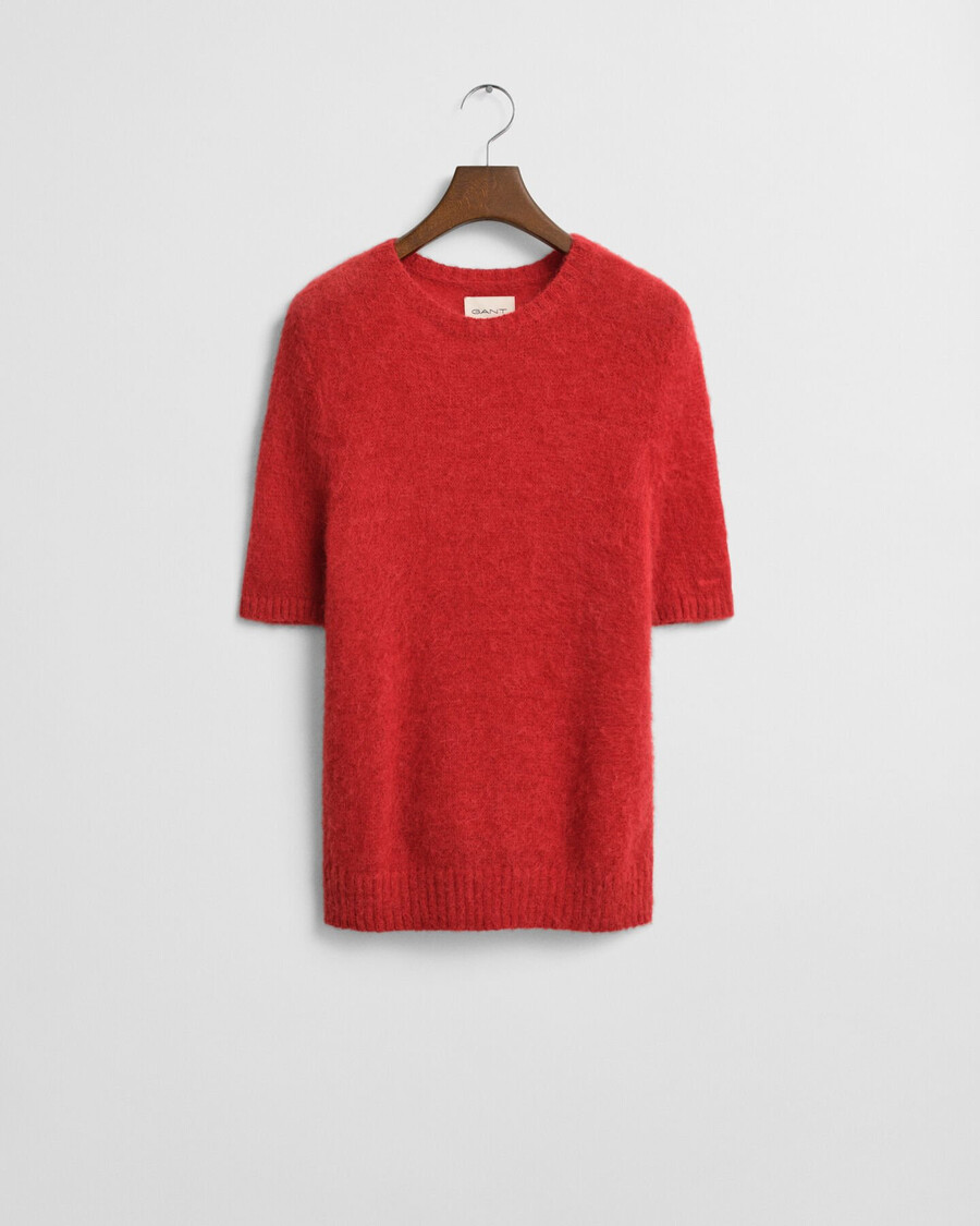 maglione girocollo a maniche corte in misto mohair - rosso rubino