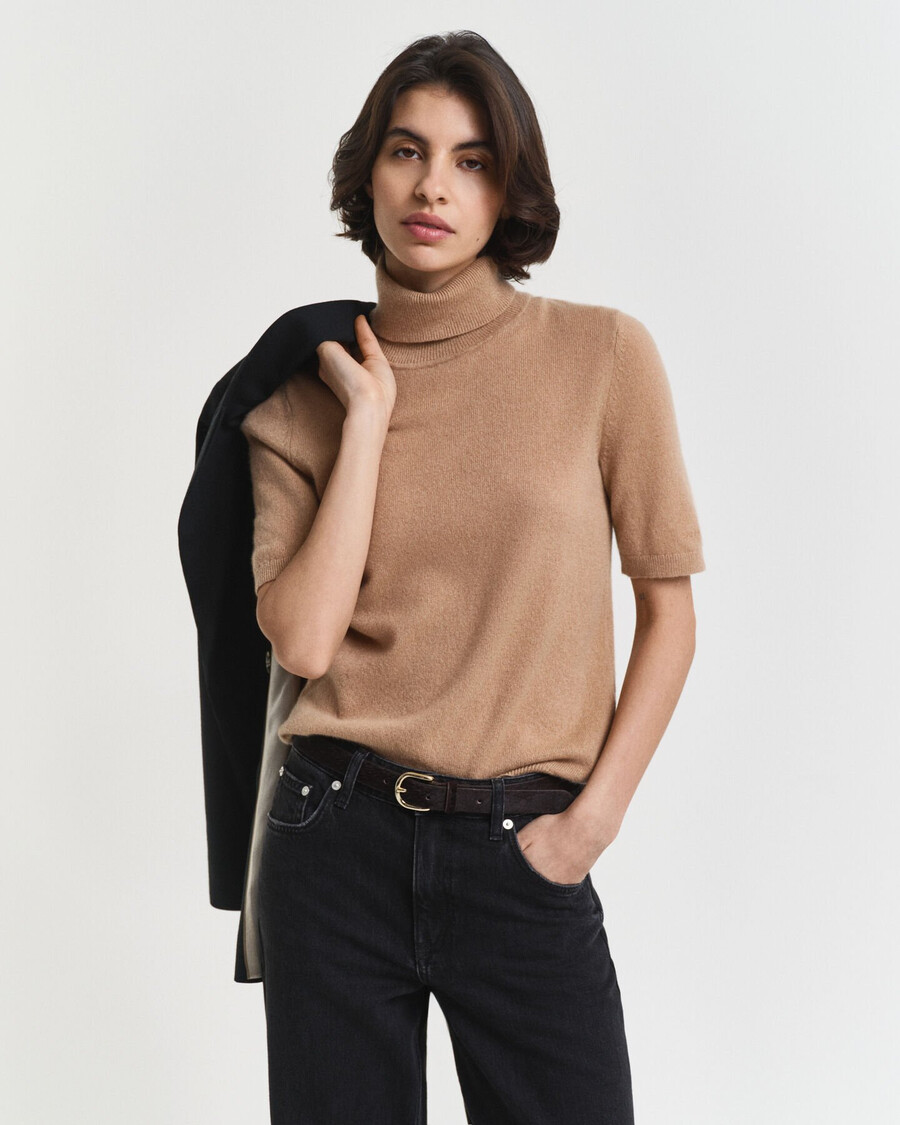 maglione dolcevita in cashmere a maniche corte - cachi caldo