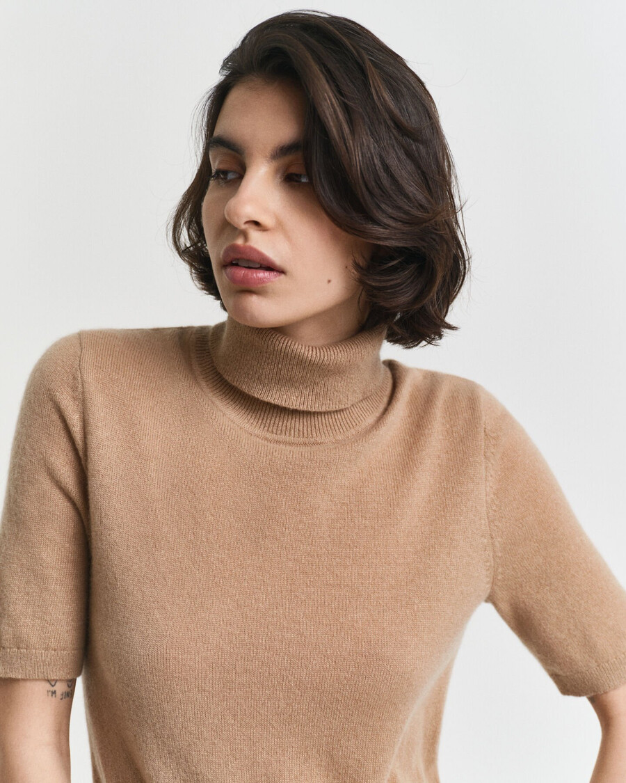 maglione dolcevita in cashmere a maniche corte - cachi caldo