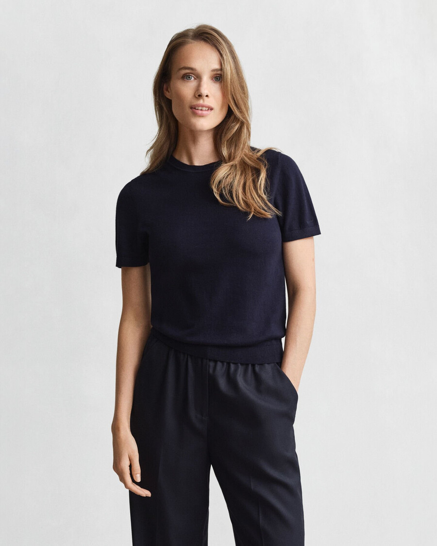 maglione girocollo a maniche corte in maglia leggera - blu sera
